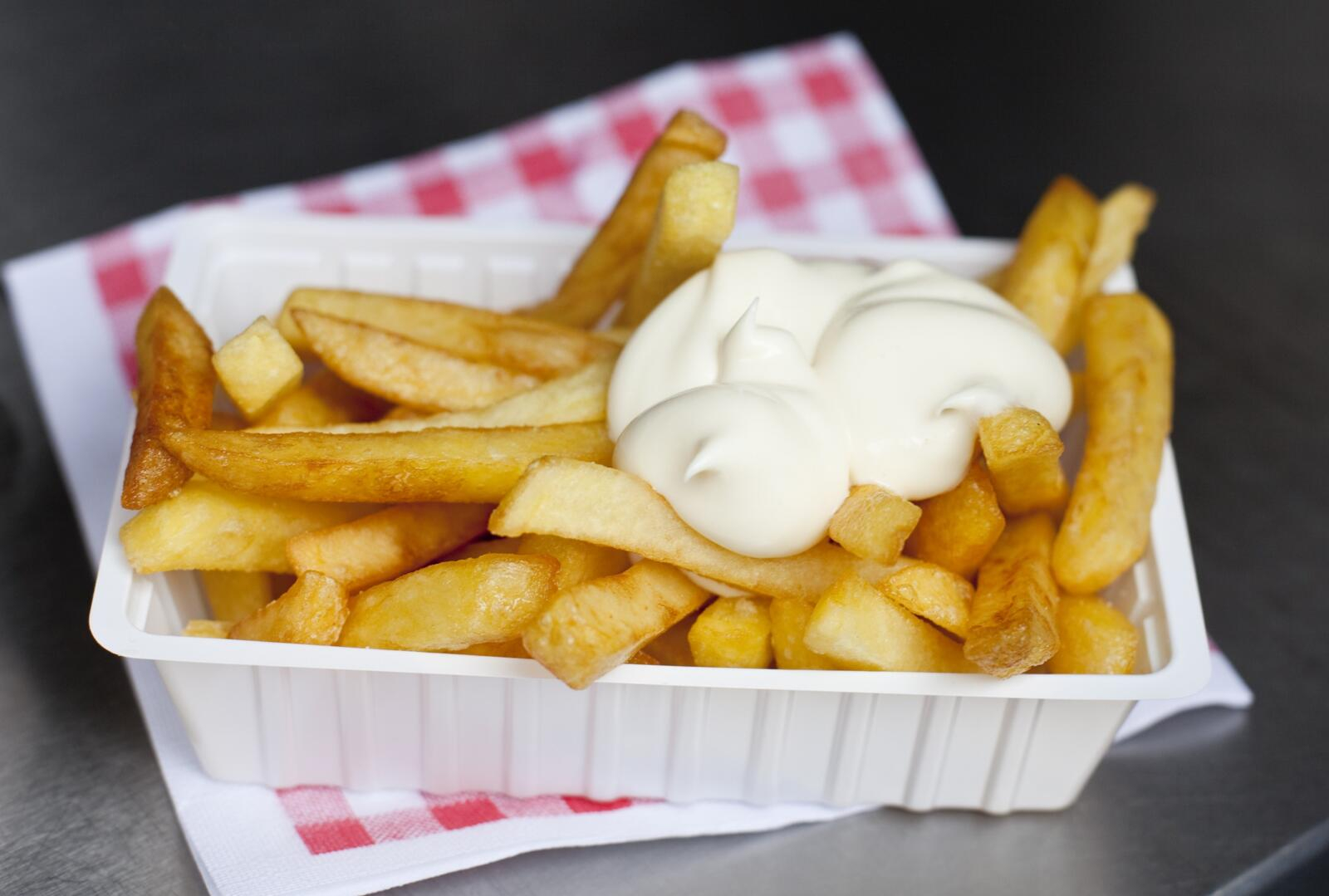 Foto van een bakje friet met mayonaise